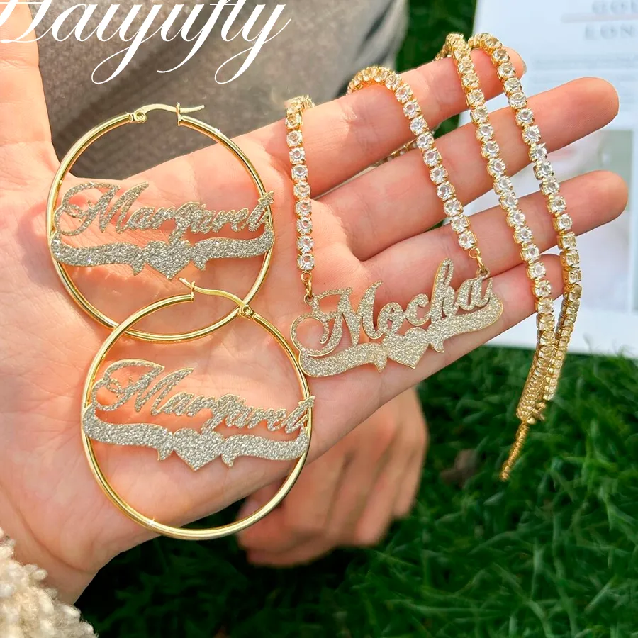 Authentic Haiyufly Custom Frosted Name Necklace Hoop Earring Jewelry Set for Women Personalized Zircon Chain Birthday