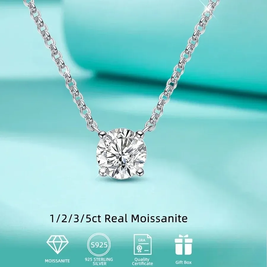 Authentic FEOBUR 1/3/5/10ct Round Moissanite Pendant Necklace for Women 925 Sterling Silver Classic Diamond Clavicle Neck Chain Party