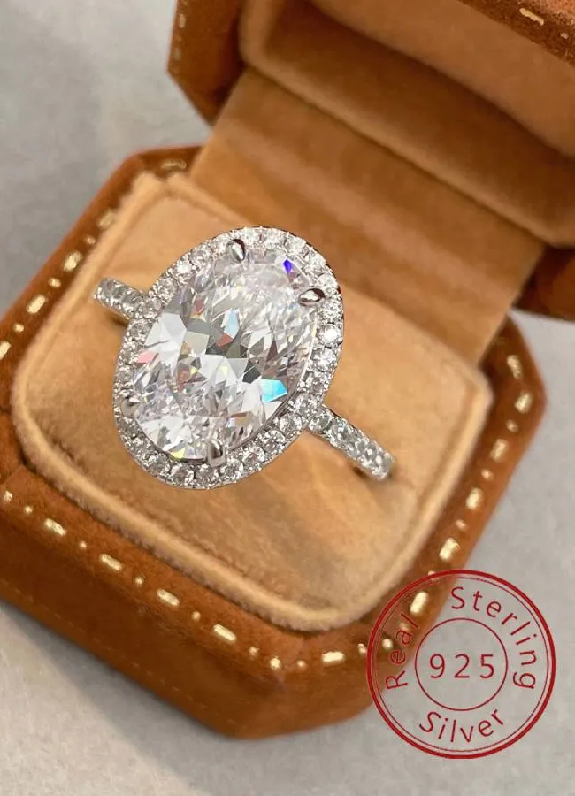 Authentic 925 Sterling Silver Luxury 1-10CT Oval Full Zircon Ring For Women Match Daily Outfits Party High Quality Fine Jewelry