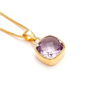 Authentic Natural Pink Amethyst Cushion Chain Pendant Gold Fill 925Sterling Silver Jewelry