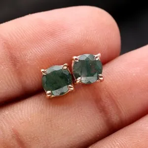 Authentic Natural Moss Agate Round Stud Earring Rose Gold Fill 925 Sterling Silver Jewelry