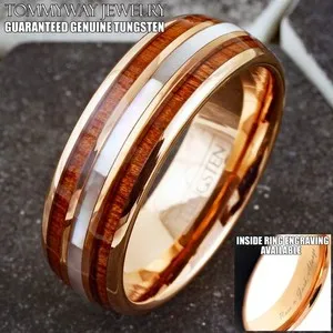 Authentic Engraved 8mm Rose Gold Plated Tungsten Mother of Pearl & Wood Wedding Band Ring