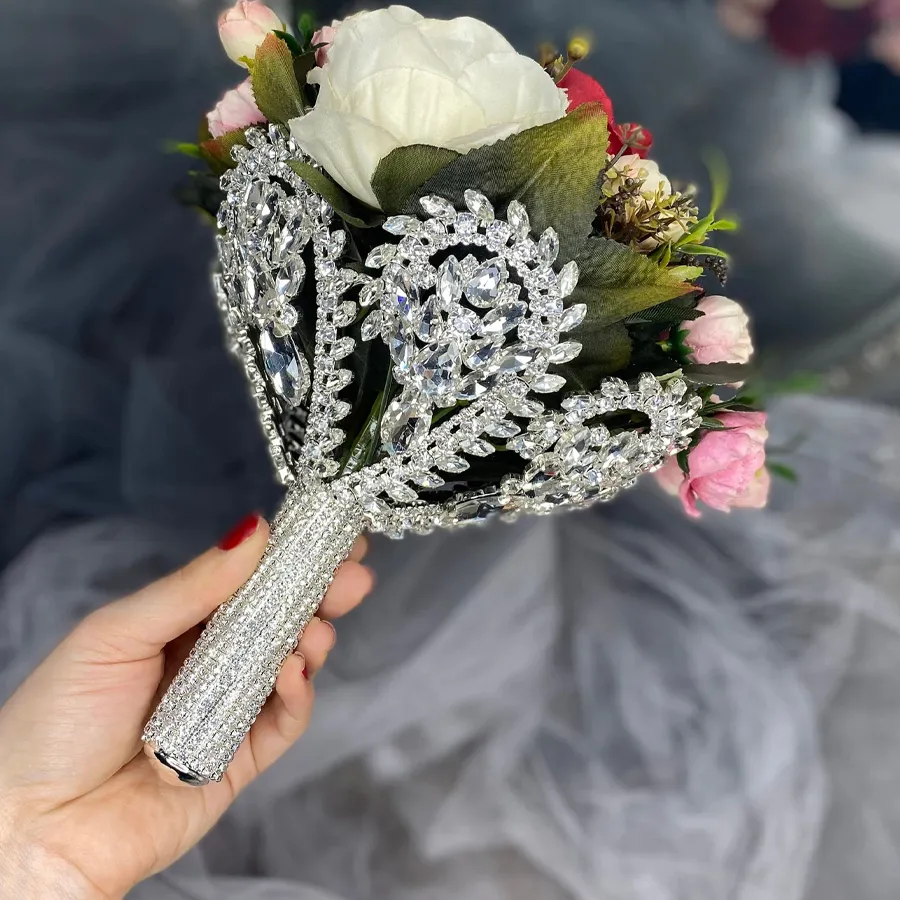 Authentic Boho Large Rhinestone Bridal Bouquet Holder Wedding Accessories DIY Marriage Rose Flowers Holding Bouquets Wrap Women Jewelry