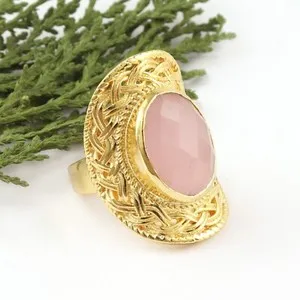 Authentic Chalcedony Oval Gemstone Ring Gold Plated Adjustable Statement Vintage Rings