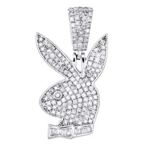Authentic 0.95 Ct Simulated Diamond 14K White Gold Plated Playboy Bunny Men's Pendant 1.2"