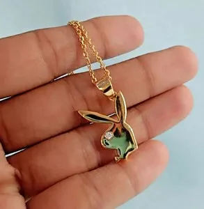 Authentic Playboy Bunny Pendant 18''Chain 1Ct Round VVS1 Moissanite 14K Yellow Gold Plated