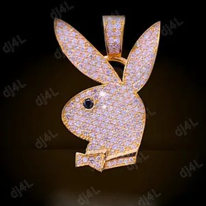 Authentic 2 CT Round Moissanite Playboy Bunny Rabbit Pendant 14K Yellow Gold Plated