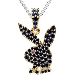 Authentic Hip Hop Bunny Pendant Blue Pink Gemstone Playboy 14k Yellow Gold Plated