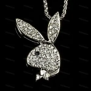 Authentic Real Moissanite 2Ct Round Cut Lady's Playboy Bunny Pendant 14K White Gold Plated