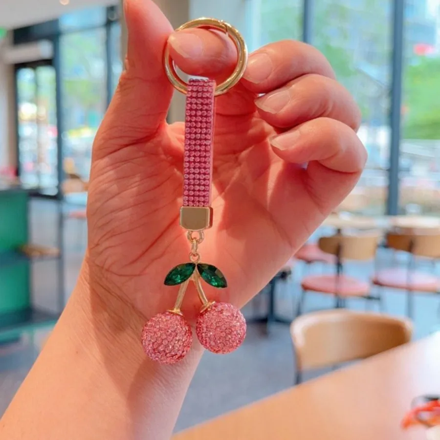 Authentic Shining Korean Ins Full Rhinestones Cherry Keychain Blingbling DIY Crystal Cherry Pendant High-end Creative Bag Charm Girls Boys