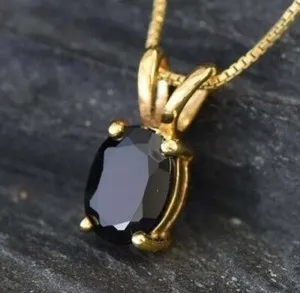 Authentic Women's 4 Prong Solitaire 8 x 6 Round Black Simulated Pendant Gold Plated Silver