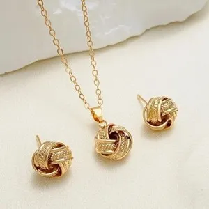 Authentic Women's Twisted Knot Jewelry Set 14K Gold Plated Necklace & Earrings Jewelry