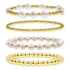 Authentic 4pcs Women's Girls Gold Plated Beaded Stretch Bracelet Baroque Pearl Stackable