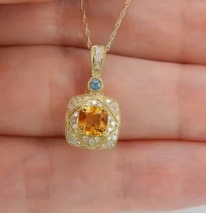 Authentic Cushion Cut Simulated Yellow Citrine Women's Pendant 14K Yellow Gold Plated