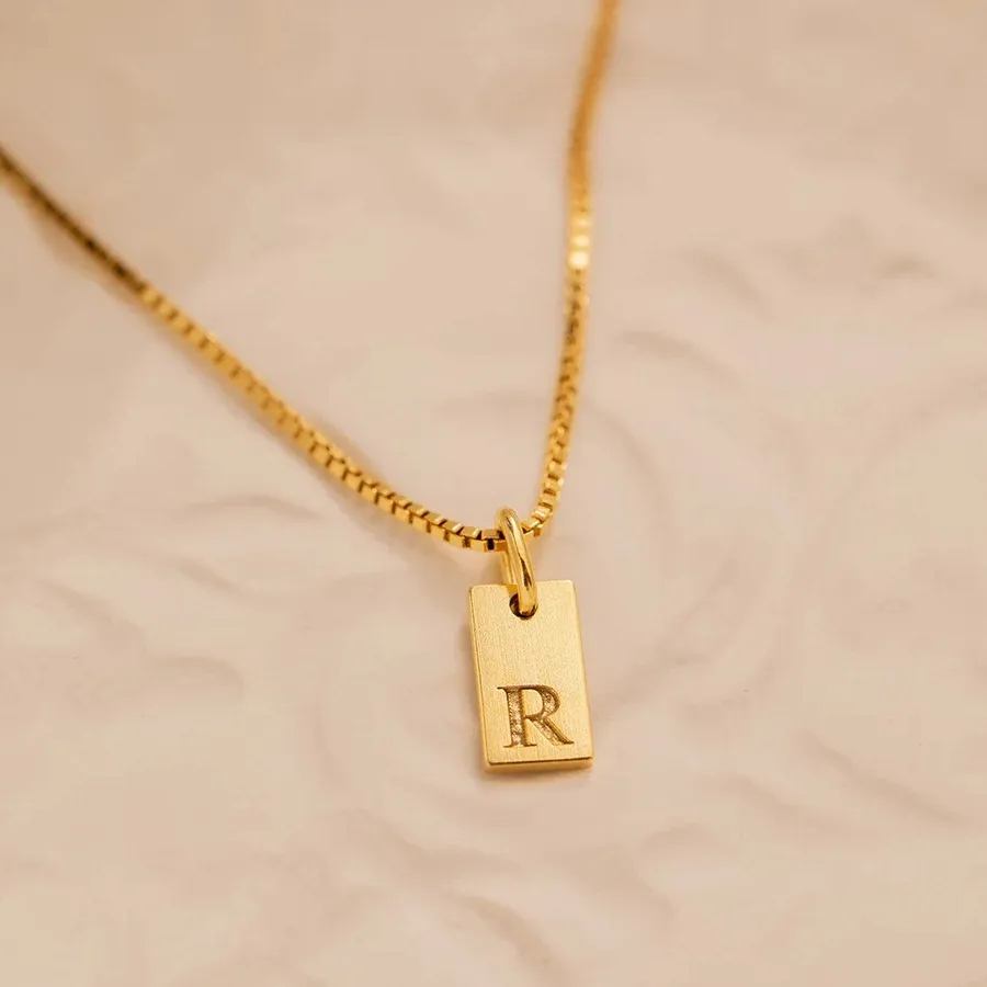 Authentic 18K Gold 26 English Alphabet Necklace Mini Square Pendant BoxChain