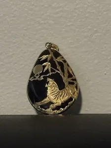 Authentic Gold Plated Smokey Quartz Tiger & Bamboo Tree Pendant