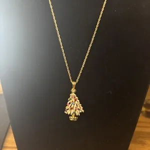 Authentic AVON, gold plated 16 in chain, white christmas tree / small colored crystals.