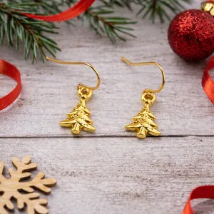 Authentic Gold Christmas Tree Earrings - Gold Plated SOLID 925 Sterling Silver Ear Wires