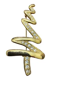 Authentic VTG Rhinestones Christmas Tree Zig Zag Gold Plated Brooch Pin