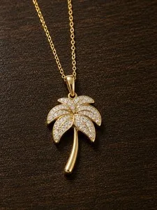 Authentic 18K Gold Plated Diamond Palm Tree Necklace – 925 Sterling Silver Base