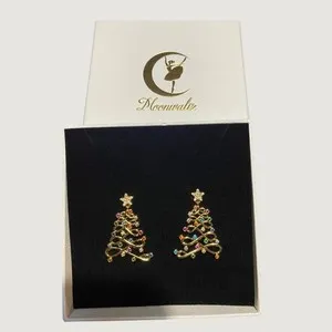 Authentic Moonwaltz Christmas Tree Earrings 14K Gold Plated Multi Color Holiday Jewelry