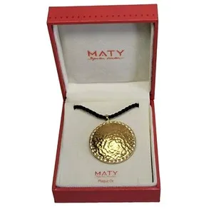 Authentic 05K39 Pendant Necklace Gold Plated Round Texture Hammered and Rhinestones MATY