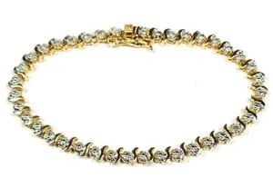Authentic Sterling Silver Gold Plated Diamond Illusion Texture Tennis Bracelet 7"