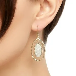 Authentic EARRINGS Gold Plated Shiny Lux Hammered Texture Oval Dangle Hook Earrings