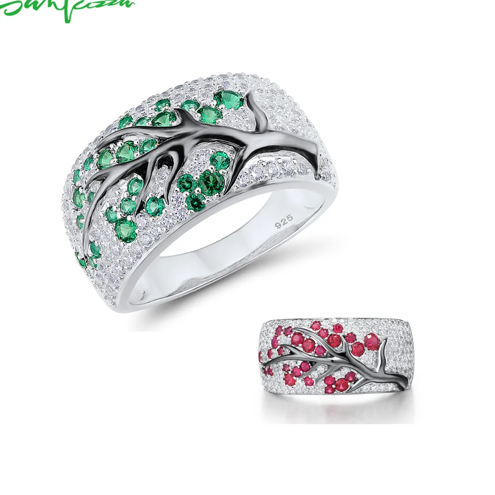 Authentic SANTUZZA Genuine 925 Sterling Silver Rings For Women Red Green Cherry Tree Cubic Zirconia Sakura Wedding Fine Jewelry