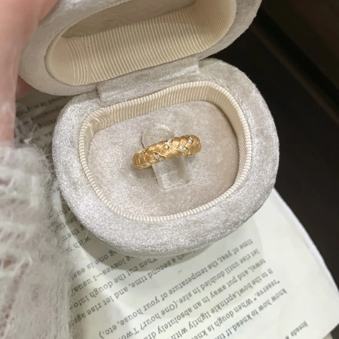 Authentic Gold Plated Braided Textured Ring with Clear CZ Stones, Adjustable Open Band Ring for Women, Luxury Statement Jewelry