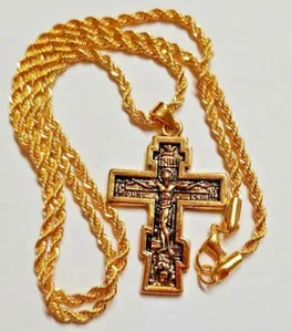 Authentic 18 K GOLD PLATED Orthodox Russia Greek Cross Christian Necklace Chain Pendant