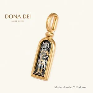 Authentic Engraved Orthodox Icon Pendant SAINT MEGALOMARTYR ARTEMY 24k Gold Plated Silver