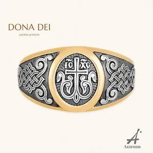 Authentic The Bloomed Cross Sacred Orthodox Ring - Celestial Gold and Sterling Silver Protection Talisman