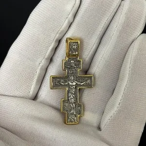 Authentic Gold Plated Orthodox Cross Pendant: Archangel Michael, Sterling Silver
