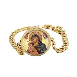 Authentic Our Lady Greek Orthodox Virgin Mary Icon Curb Bracelet Gold or