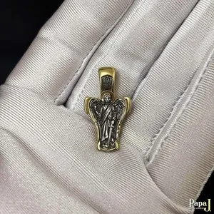 Authentic Orthodox Cross Pendant with Guardian Angel • Sterling Silver • 999 Gold-Plated