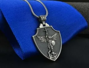 Authentic Saint Orthodox Shield 2CT Solid Metal Mens Pendant 14k Yellow Gold Plated Silver