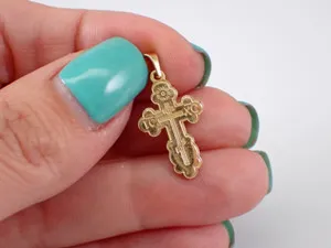 Authentic Orthodox Cross Charm Pendant 14K Yellow Gold Plated 18 Chain