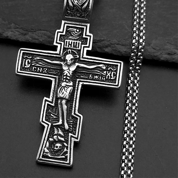 Authentic Orthodox Icon Cross Statue Crucifix Pendant Necklace Silver Color Male Chain Necklaces Jewelry