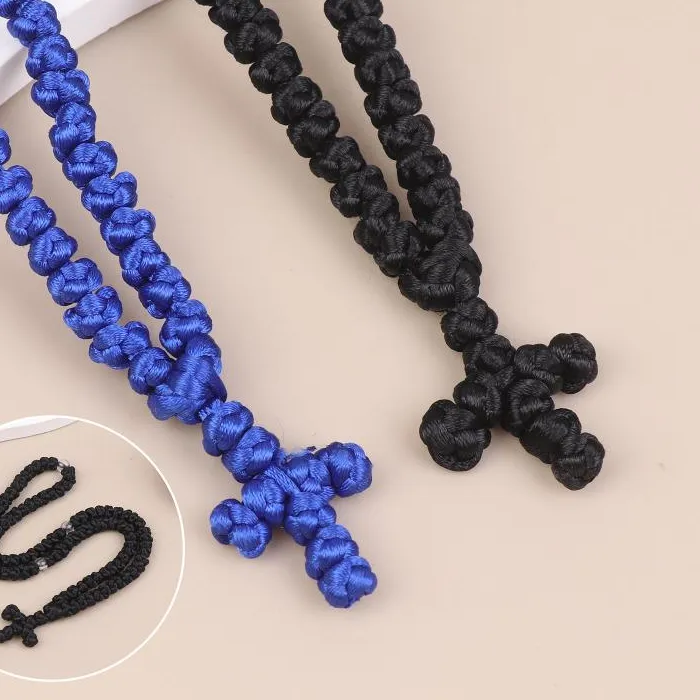 Authentic Orthodox Religious Komboskini Knot Prayer Rope Necklace Handmade Black Blue Rosary Cross Pendant Christian Faith Jewelry