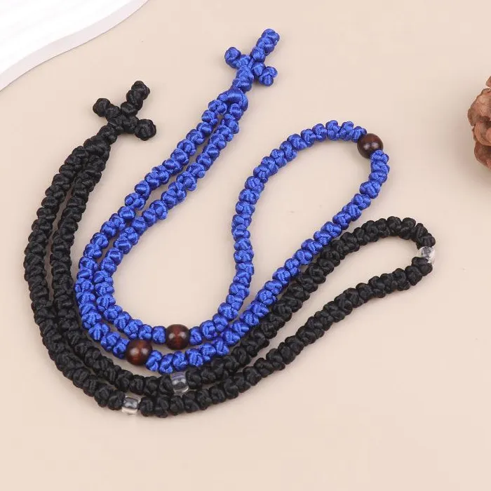 Authentic Hot Sale Black/Blue Komboskini Knot Necklace Handmade Orthodox Religous Rosary Prayer Rope Cross Jewelry