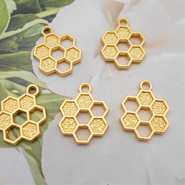 Authentic 10PCS Golden Tiny Hollow Honeycomb Charms Necklace Pendant Hive Comb Jewelry Handmade Bracelet DIY Earrings Accessory