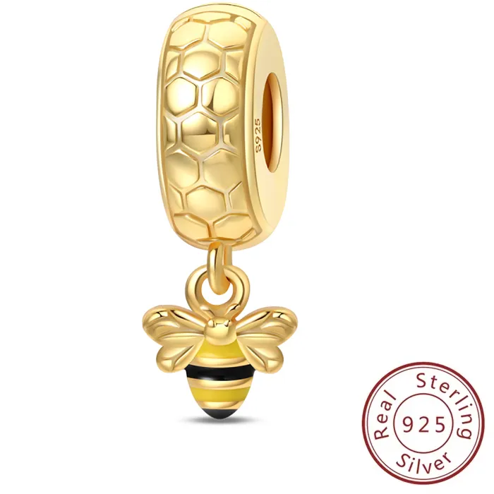 Authentic Spring 925 Sterling Silver Hive Bee Golden Charms Spacer Beads Fit Original Bracelet Or Necklace Fine DIY Jewelry