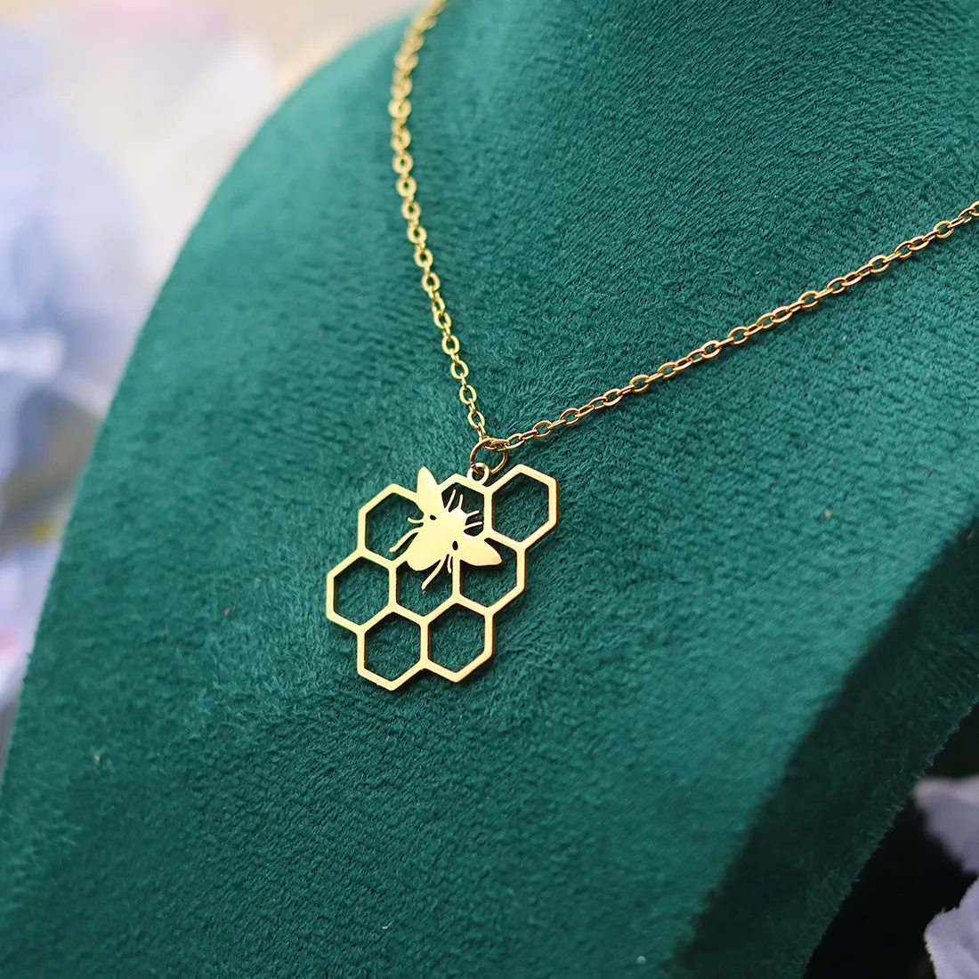 Authentic QIAMNI Cute Honey Comb Beehive Honeycomb Bee Hive Insect Pendant Chain Necklace Geometric Hexagon Collar Choker for Women Men