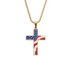 Authentic Silver Gold Plated American Flag Cross Pendant 24" Necklace