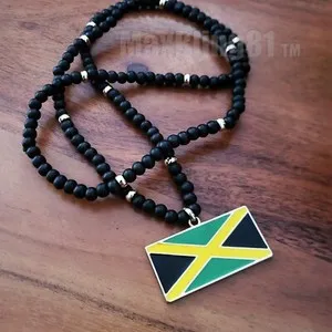 Authentic Gold Plated Rectangle Jamaica Flag Pendant & 6mm 30" Wooden Wood Bead Necklace