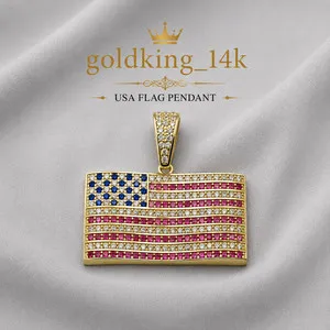 Authentic USA Flag Pendant, Simulated Ruby, Sapphire, Diamond, 14K Gold Plated 925 silver