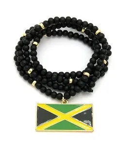 Authentic MENS HIP HOP JAMAICA FLAG 30" WOODEN NECKLACE GOLD PLATED*