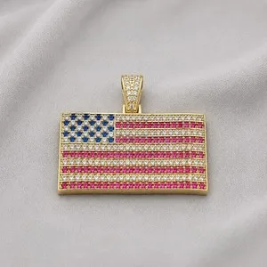 Authentic 2.20 Ct Round Simulated Multi Gemstone USA Flag Pendant 14k Yellow Gold Plated