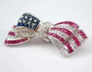 Authentic 3Ct Princess Lab-Created Red Ruby AMERICAN FLAG Brooch Pin 14K White Gold Plated